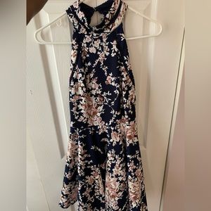 B Darlin Juniors’ Printed Mock-Neck Crochet Trim Fit + Flare Floral Dress